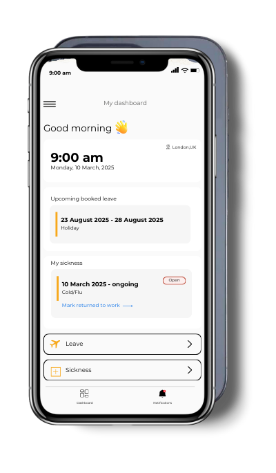 Smartphone screen displaying HR software interface with buttons for leave, sickness, and trip tracking – showcasing digital HR management.