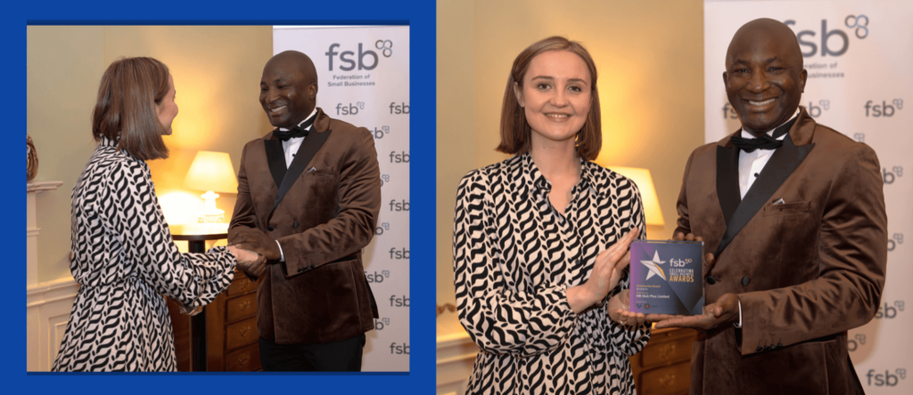 Edward Obi, Director of HR Hub Plus, holding the Community Business of the Year Award, presented by Màiri McAllan MSP at the Scotland Business Awards 2024.