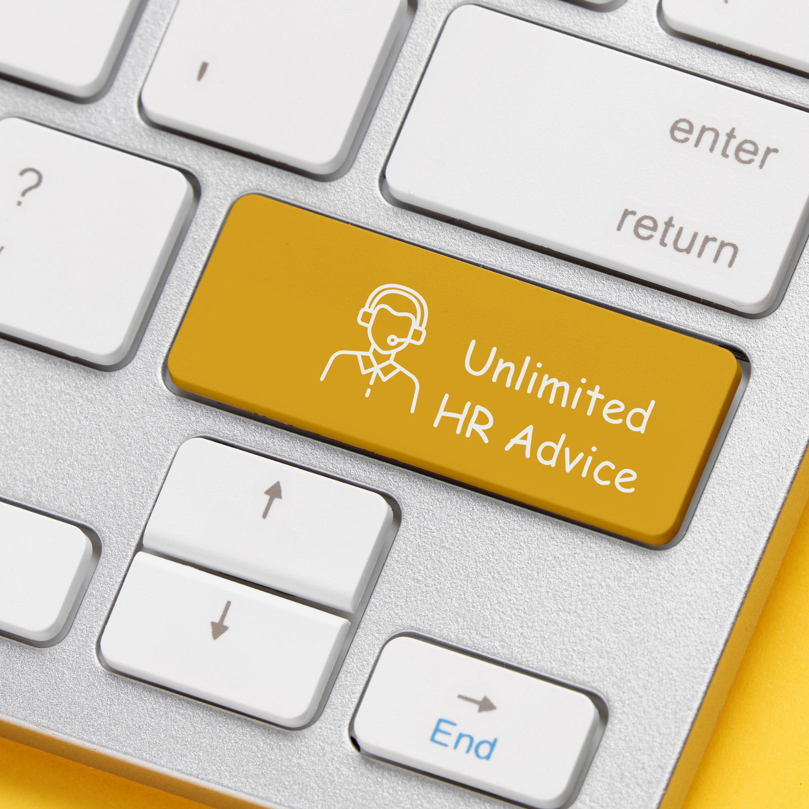 Keyboard key labeled 'Unlimited HR Advice' with a headset icon – symbolising instant, expert HR support access.