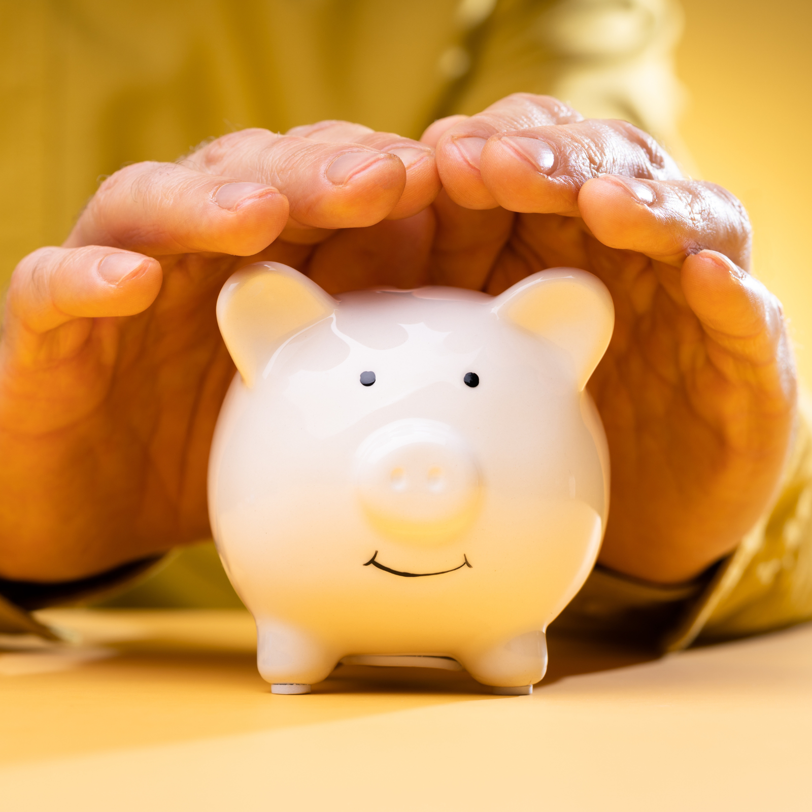 Hands protecting a piggy bank – symbolizing cost-effective HR solutions and financial protection for businesses.