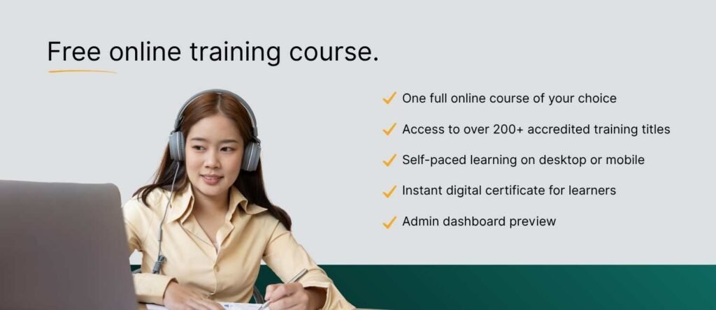 Young woman using a laptop for online training course, highlighting free access to over 200 accredited courses, self-paced learning, and instant digital certificates.