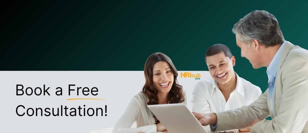 Three people in a meeting, one showing something on a laptop during a free consultation session.