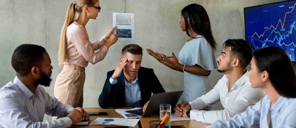 A group of employees and a manager looking visibly tired and demoralised, reflecting a workplace lacking clear HR structure and support.