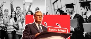 Keir Starmer speaking about Labour’s new education and apprenticeship targets, with images showing students in university and apprenticeship training settings.