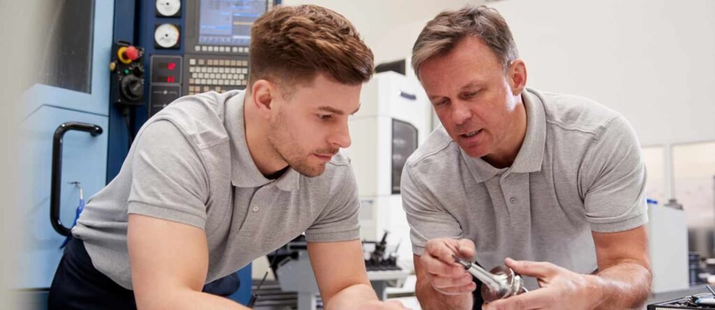 Manager explaining tasks to an apprentice during workplace training, highlighting hands-on learning and practical skills development.