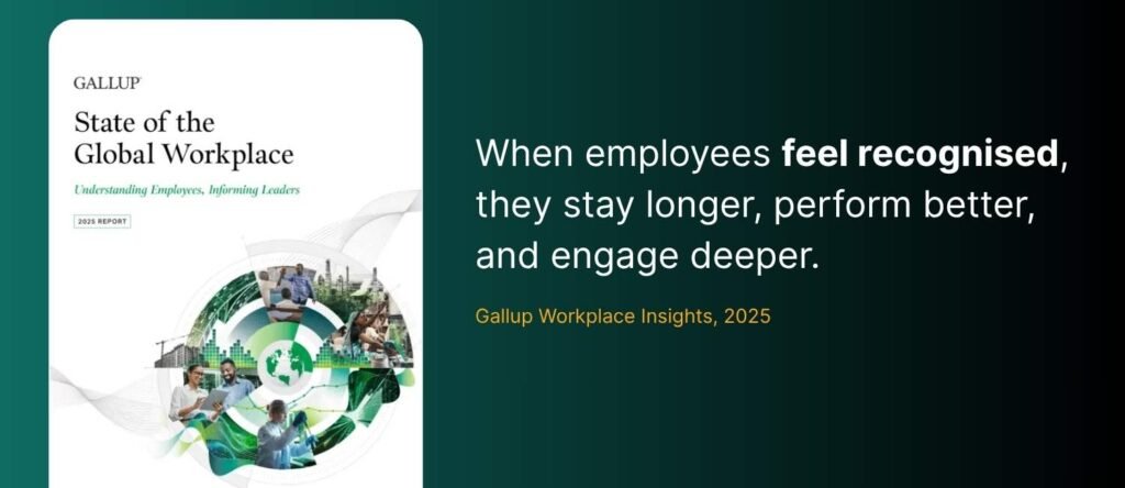 Gallup 2025 State of the Global Workplace report highlighting that recognised employees stay longer, perform better, and engage deeper.