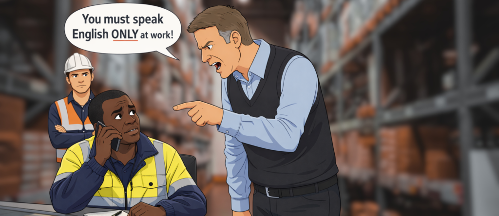 Cartoon worker speaking Swahili on the phone at work, representing a UK tribunal case about workplace language discrimination