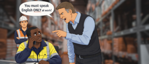 Cartoon worker speaking Swahili on the phone at work, representing a UK tribunal case about workplace language discrimination