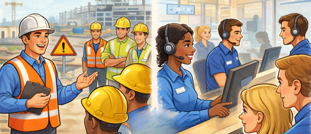 Cartoon illustration of reasonable workplace language expectations in safety-critical and customer-facing roles