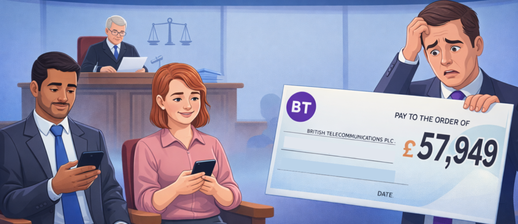 Illustration of two employees with phones at an employment tribunal after inappropriate Microsoft Teams messages, with the employer paying compensation.