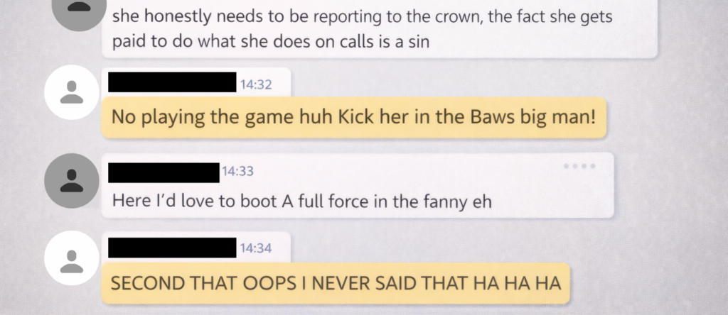 Mock Microsoft Teams chat screenshot showing inappropriate workplace messages used as evidence in a misconduct and unfair dismissal case.