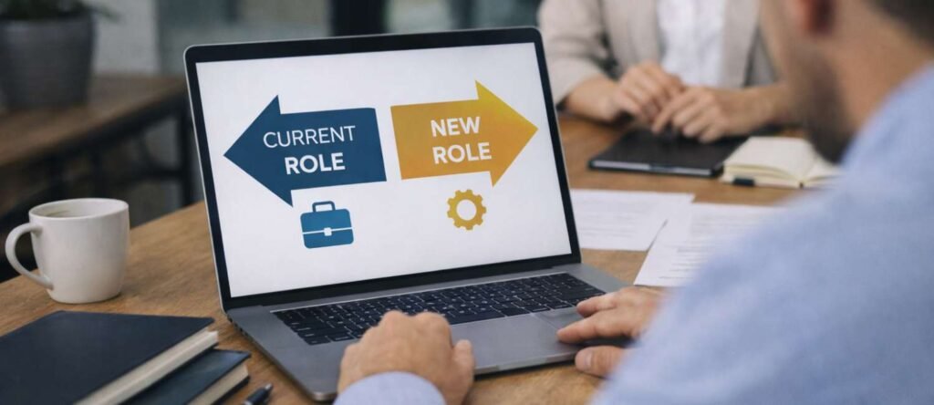 Employee reviewing alternative job roles on laptop during redundancy process