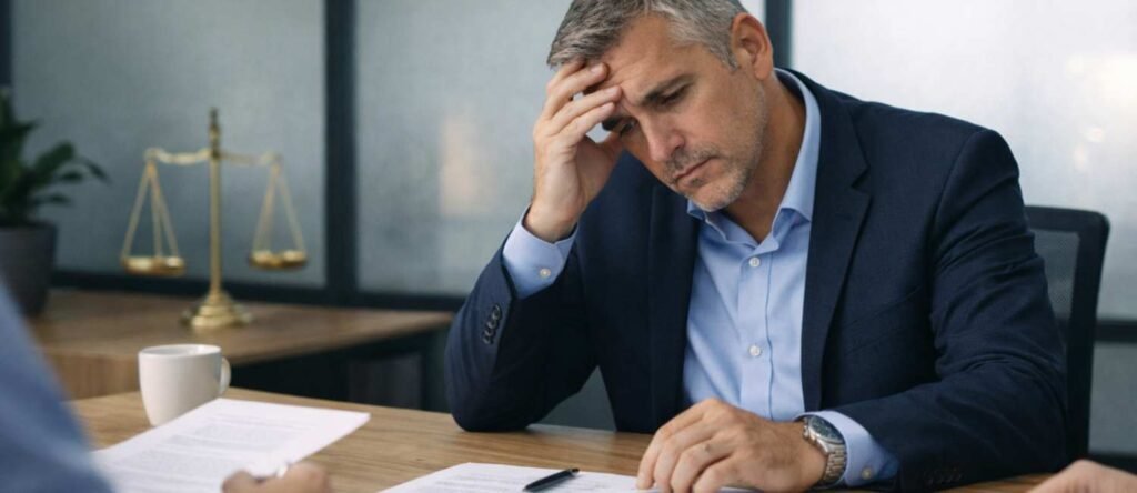 Business owner reviewing legal documents with concern about unfair dismissal risk