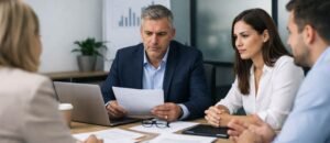 Professional team discussing redundancy decisions in a UK office meeting