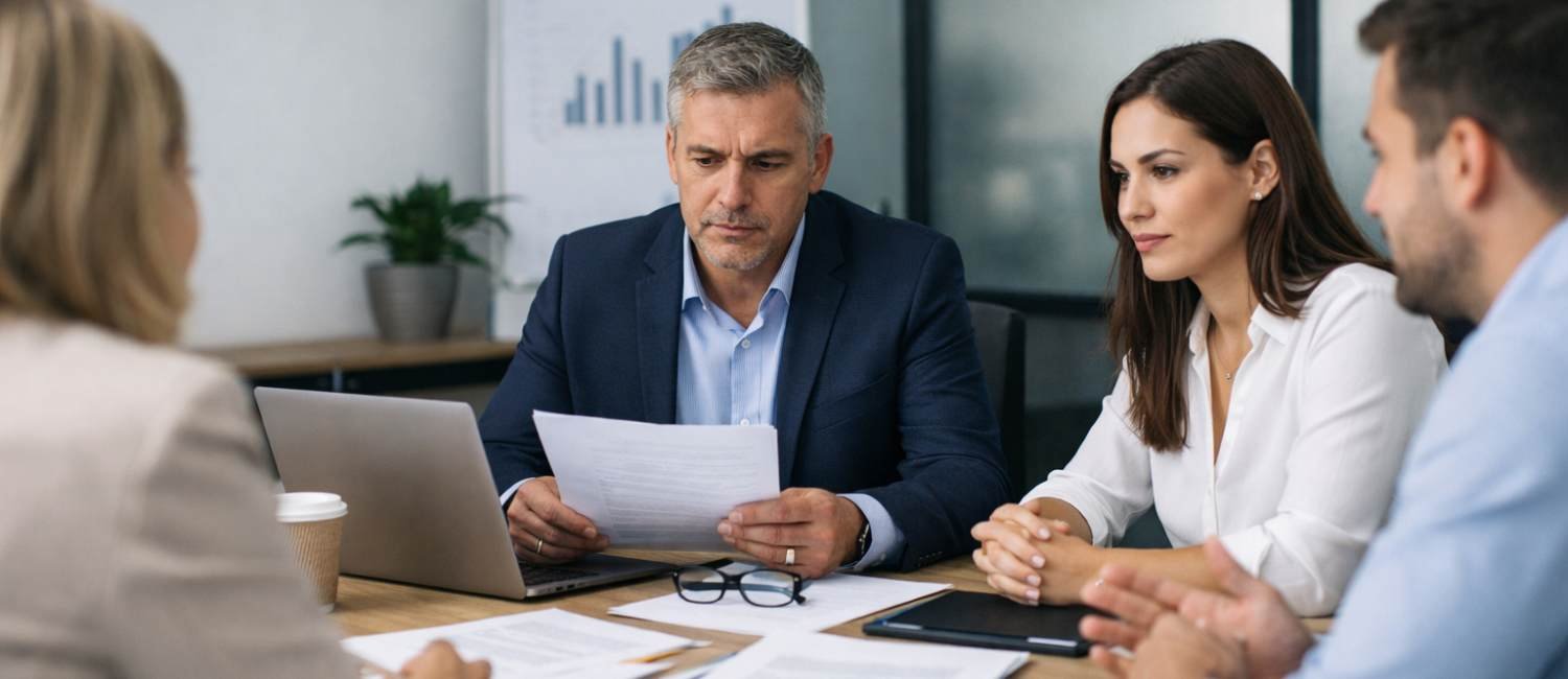 Professional team discussing redundancy decisions in a UK office meeting