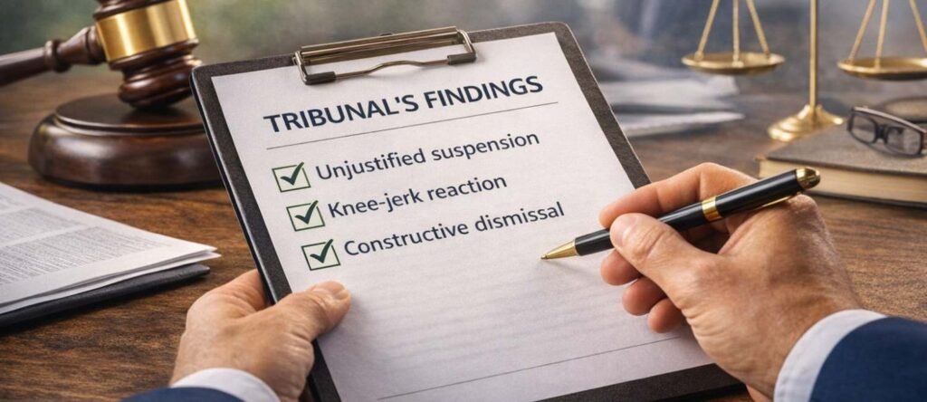 Employment tribunal findings highlighting constructive unfair dismissal due to unjustified employee suspension