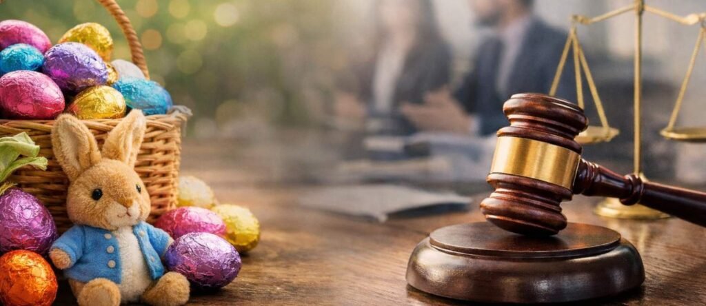 Easter eggs next to a judge’s gavel representing an employment tribunal case involving employee suspension