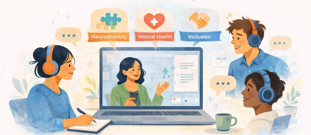 Illustration of employees participating in workplace training about neurodiversity, mental health awareness, and inclusion.