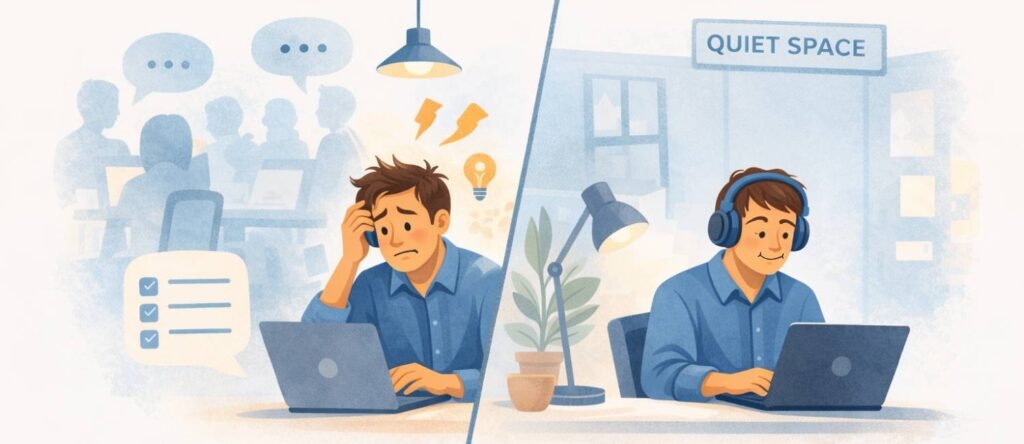 Illustration showing an employee struggling to concentrate in a noisy open-plan office and working productively in a quiet workspace with headphones.