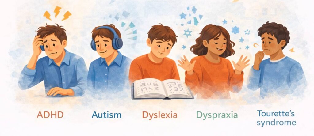 Illustration showing different types of neurodiversity including ADHD, autism, dyslexia, dyspraxia, and Tourette’s syndrome.