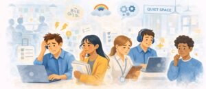 Illustration of neurodivergent employees experiencing challenges in a busy modern workplace environment.