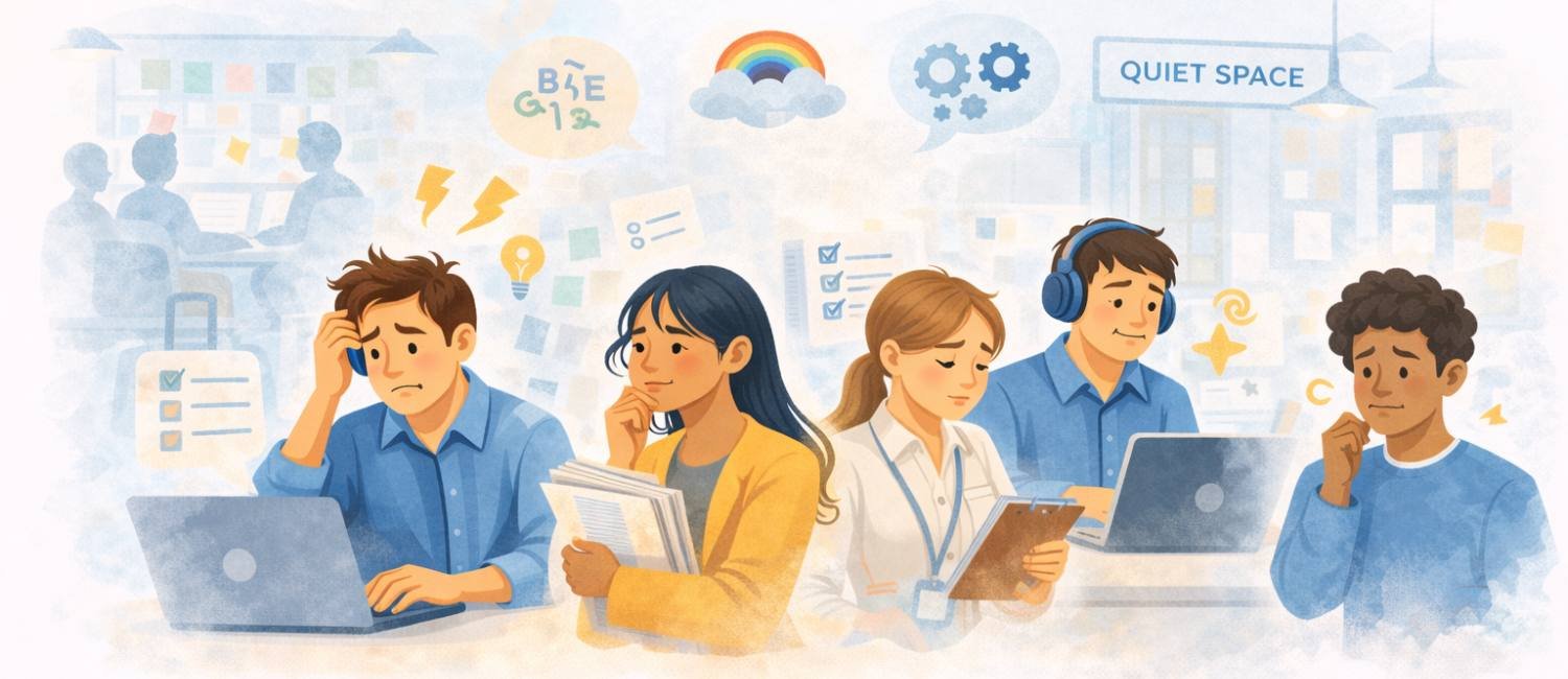 Illustration of neurodivergent employees experiencing challenges in a busy modern workplace environment.