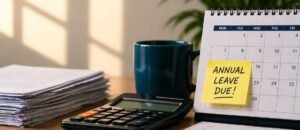 Office desk with calendar and sticky note reading “Annual Leave Due”, illustrating the financial risks of annual leave mismanagement for employers.