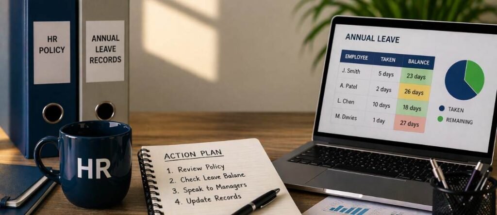 Office desk with annual leave records, HR policy folders and laptop dashboard, illustrating annual leave monitoring and record-keeping for employers.