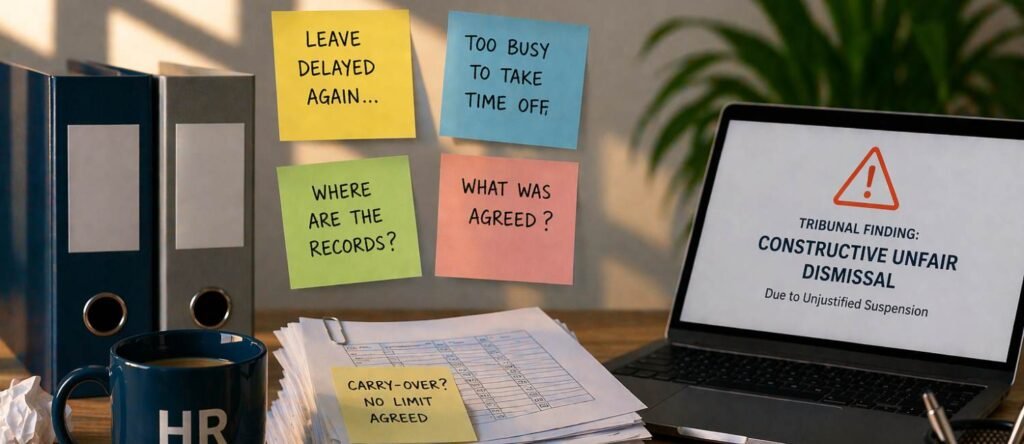 Office desk with scattered leave records, warning notes and laptop, illustrating the risks of poor annual leave management for employers.