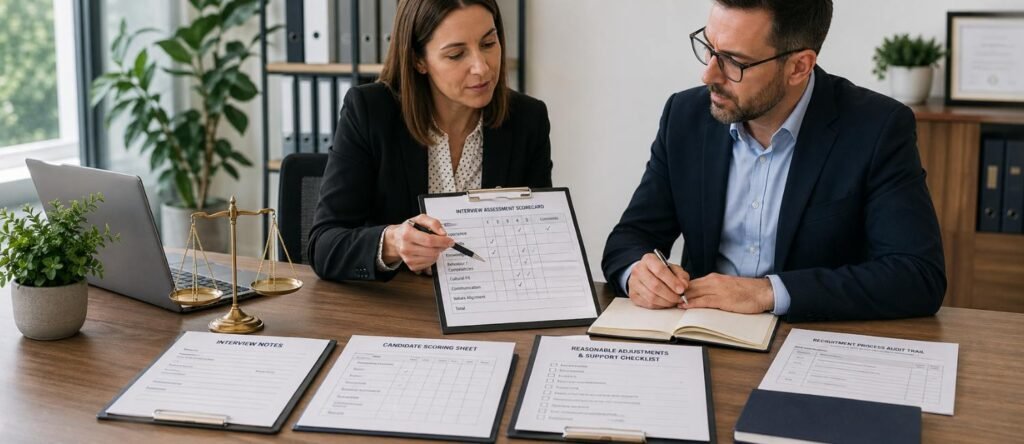 HR professionals reviewing interview scorecards and recruitment records in a modern office