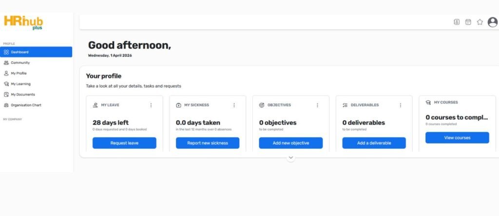 Cloud-based HR software dashboard showing employee self-service, leave management, sickness tracking and HR records for UK SMEs