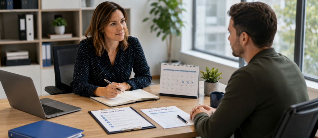 HR manager discussing a clear sickness absence process with an employee, with absence policy and return-to-work documents on the desk.