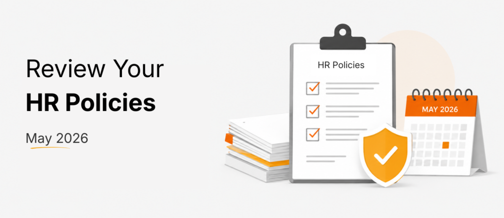 Minimal HR policy review graphic with checklist, calendar and compliance shield for UK small businesses in May 2026