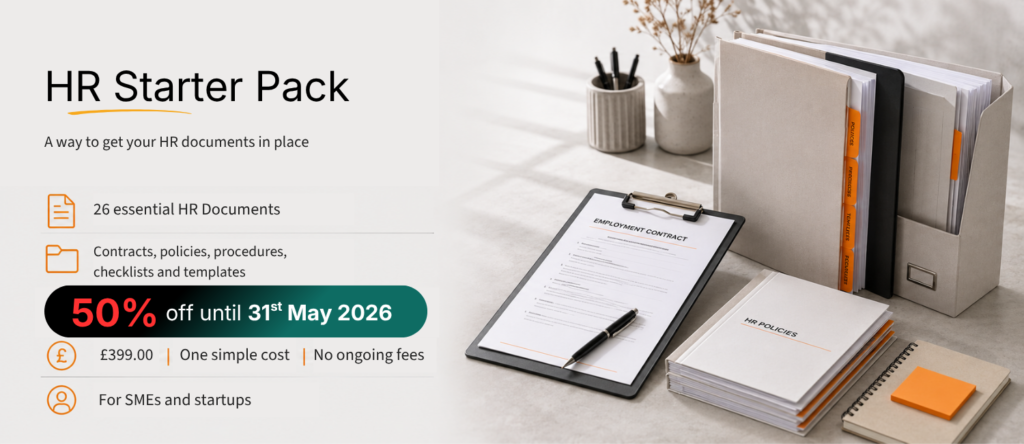HR Starter Pack banner showing organised HR documents with 26 essential documents, 50 percent off until 31 May 2026, and one simple cost for SMEs