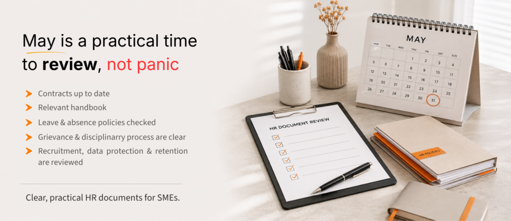 Minimal HR review graphic with May calendar, checklist and organised HR documents for UK SMEs