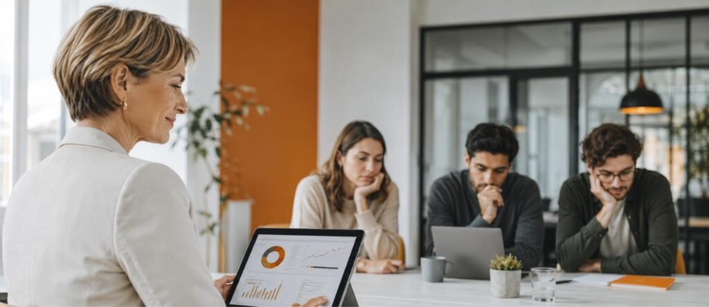 Manager reviewing workplace data while employees appear disengaged in a modern UK office
