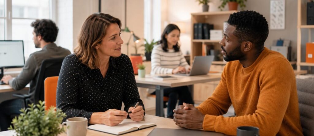 Manager having a one-to-one conversation with an employee in a modern office while colleagues work in the background