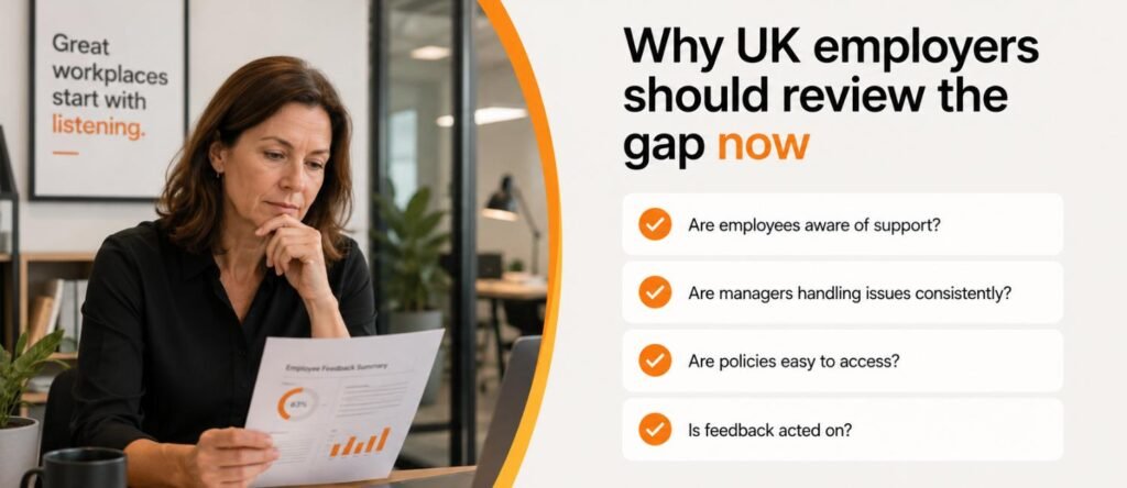 HR manager reviewing employee feedback and workplace support questions in a modern office