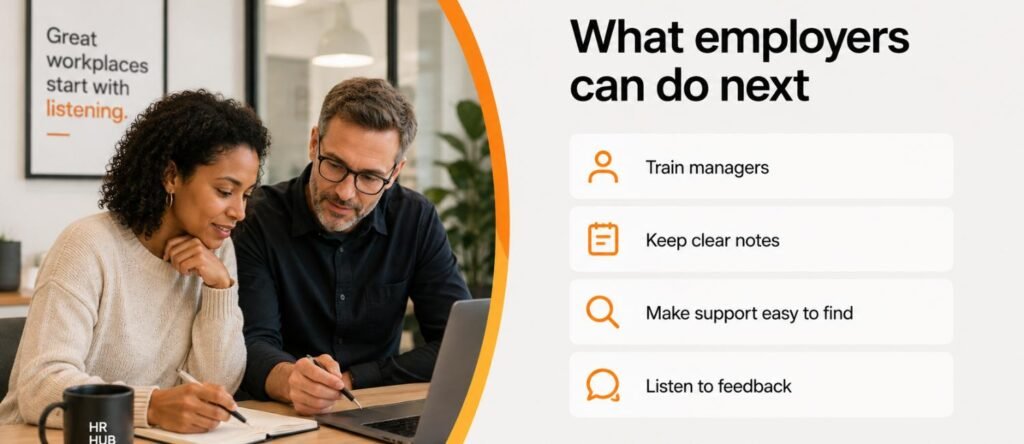 Manager and employee reviewing workplace support actions together in a modern office