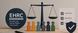 Minimalist illustration representing the EHRC updated Equality Code guidance for SMEs, featuring equality symbols, HR compliance checklist, diverse figures, and legal balance scales.