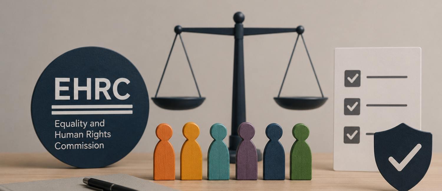 Minimalist illustration representing the EHRC updated Equality Code guidance for SMEs, featuring equality symbols, HR compliance checklist, diverse figures, and legal balance scales.
