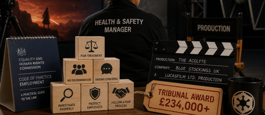 Illustration of a health and safety manager on a Star Wars production set alongside equality and employment tribunal concepts.