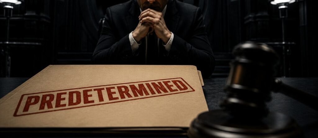 Health and safety manager in a tribunal setting with a file stamped “PREDETERMINED” and a judge's gavel in the foreground.
