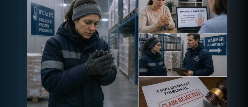 Worker with Raynaud's syndrome in a cold warehouse before a UK employment tribunal case.