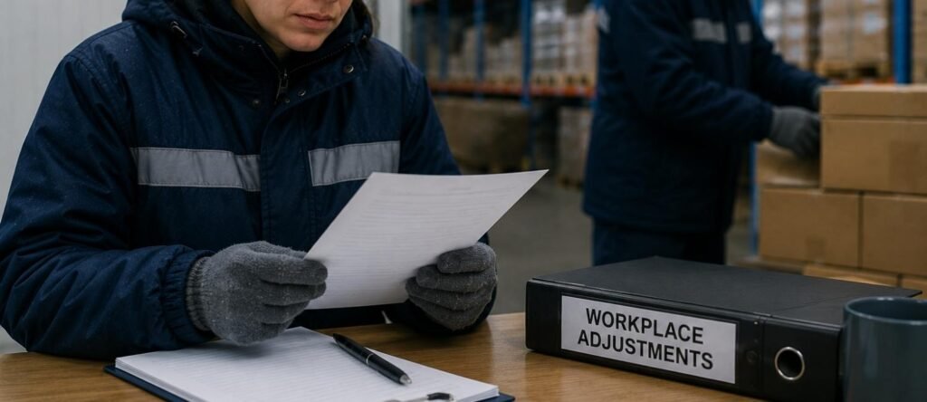 Employee reviewing workplace adjustment documents while a colleague works in a warehouse.