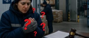 Frozen food worker in a cold warehouse during a UK disability discrimination tribunal case.
