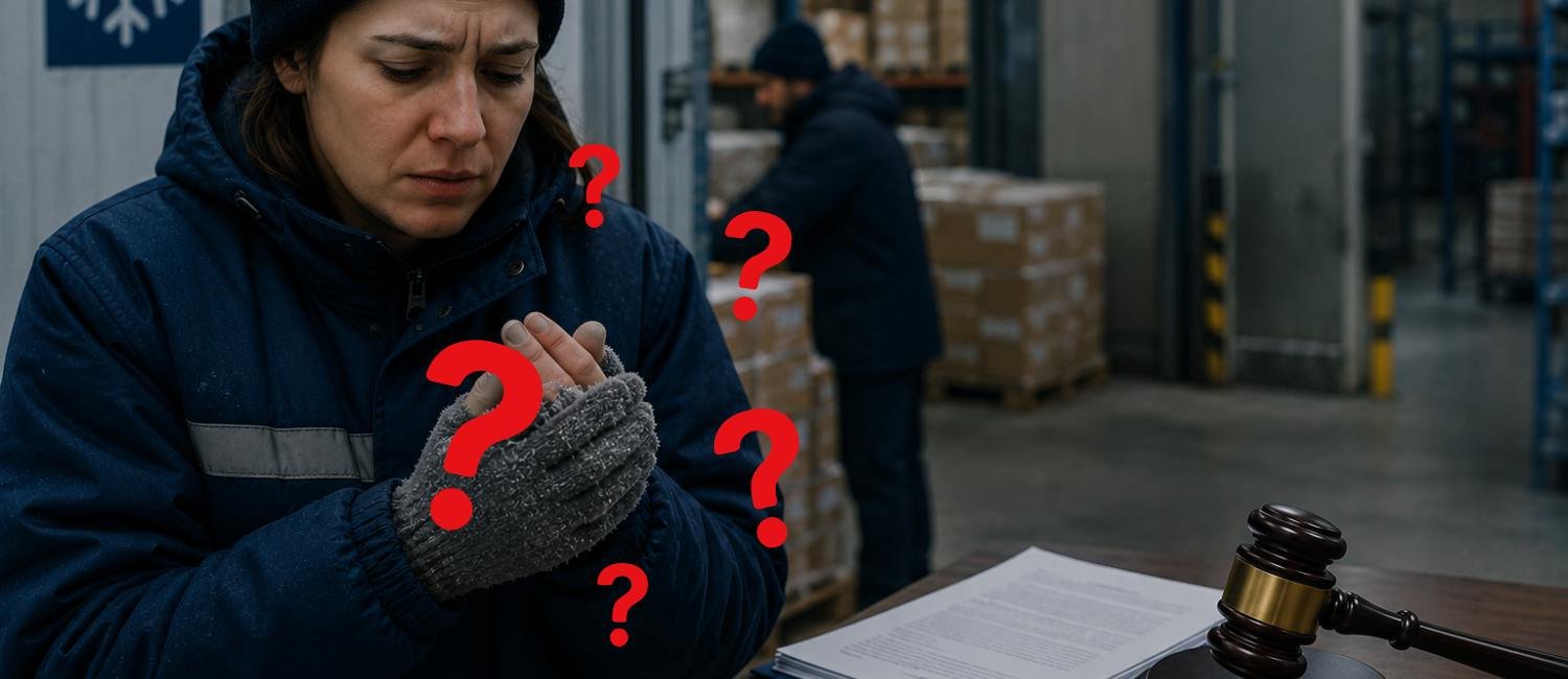 Frozen food worker in a cold warehouse during a UK disability discrimination tribunal case.