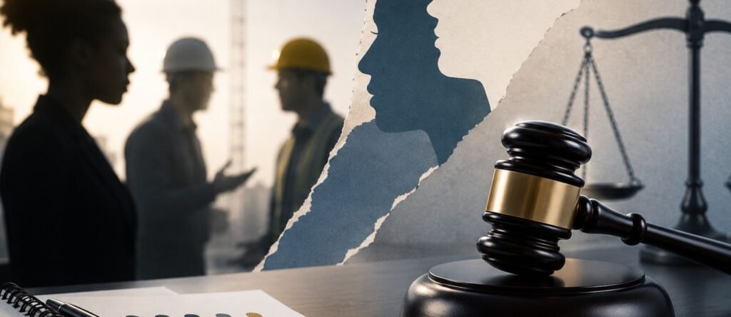 Employment tribunal concept showing workplace race harassment dispute and legal judgment.