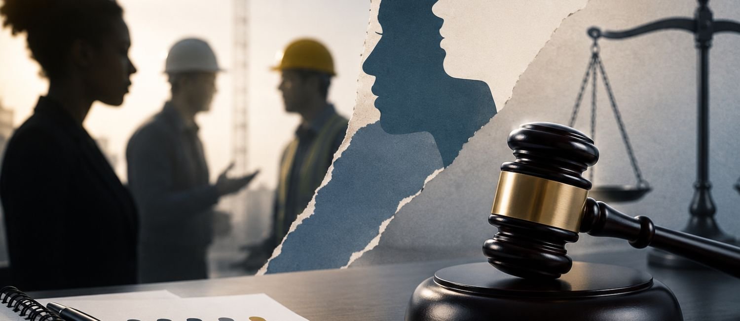 Employment tribunal concept showing workplace race harassment dispute and legal judgment.