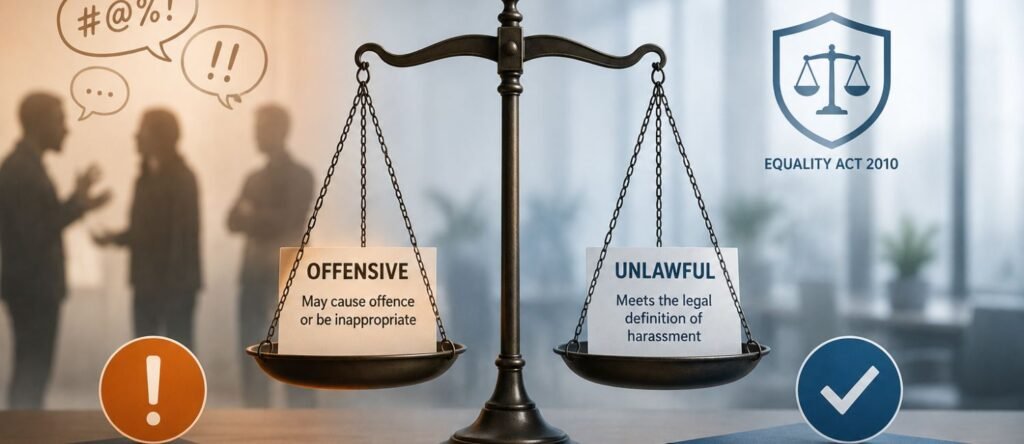 Illustration showing the difference between offensive workplace language and unlawful harassment under the Equality Act 2010.